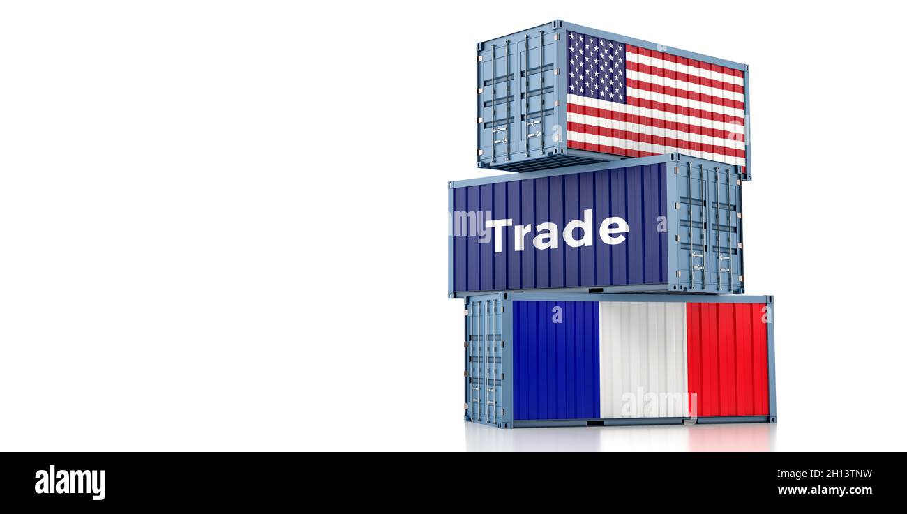 Shipping containers with France and USA flag. 3D Rendering Stock Photo