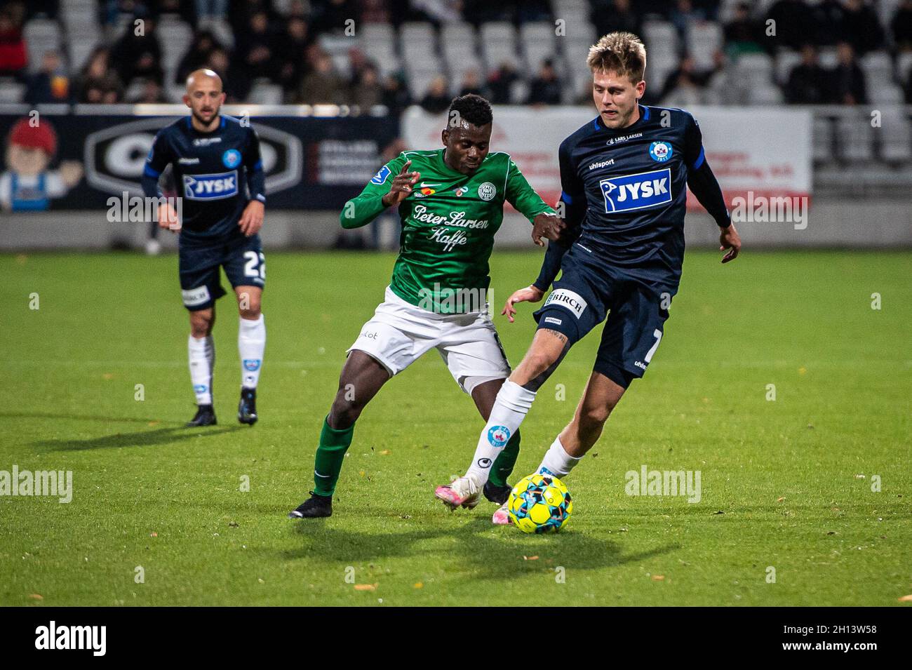 Viborg, Denmark. 15th Oct, 2021. Nicolai Vallys (7) of Silkeborg IF and  Ibrahim Said (30) of Viborg FF seen during the 3F Superliga match between  Viborg FF and Silkeborg IF at Energy