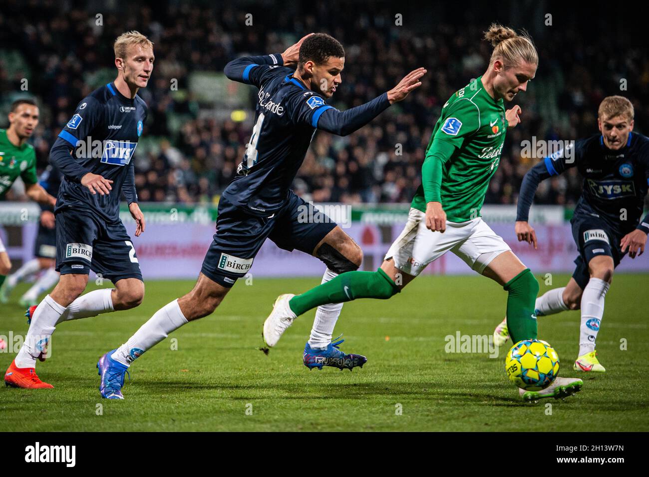 Viborg, Denmark. 15th Oct, 2021. Joel Felix (4) of Silkeborg IF and Christian Sorensen (7) of Viborg FF seen during the 3F Superliga match between Viborg FF and Silkeborg IF at Energy Viborg Arena in Viborg. (Photo Credit: Gonzales Photo/Alamy Live News Stock Photo