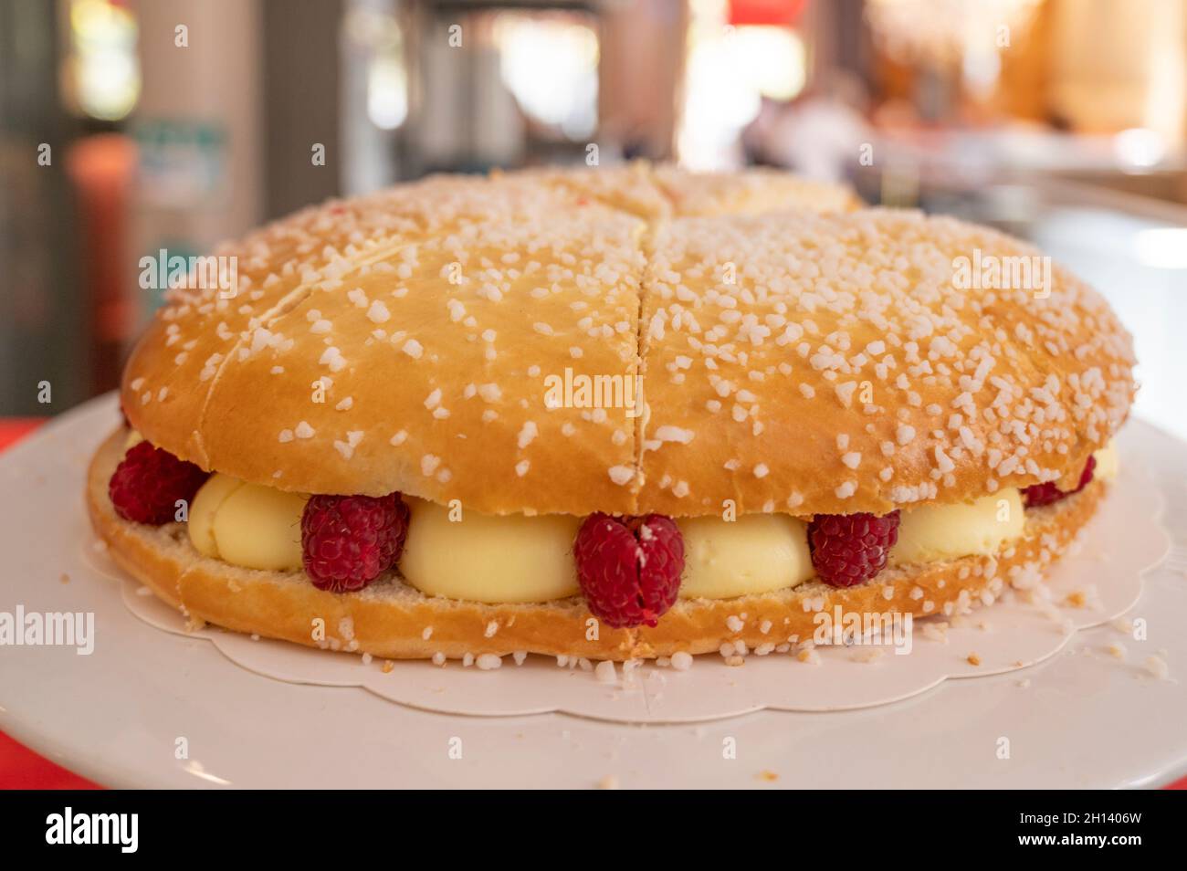 Actress Brigitte Bardot made this cake world-famous: la tarte tropézienne from Saint-Tropez, Var, France. Stock Photo