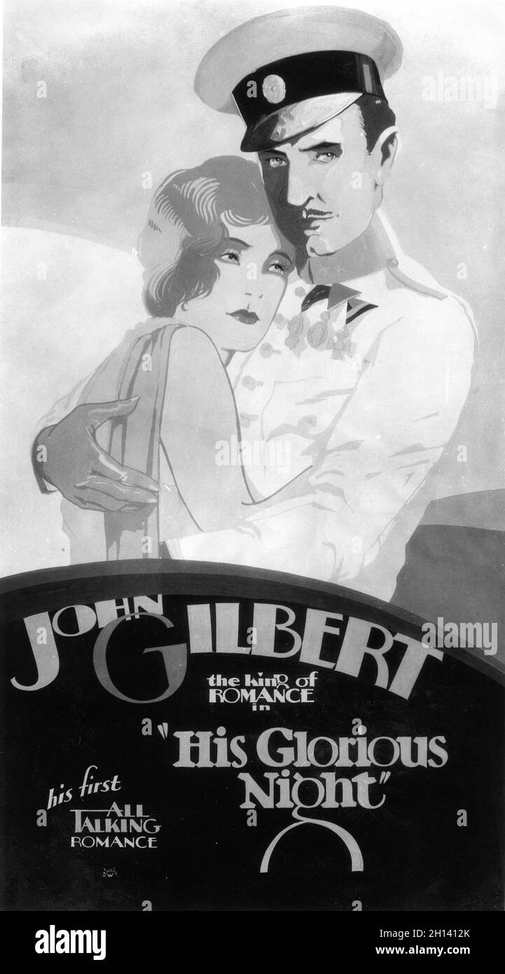 Original US Cinema Display Art for CATHERINE DALE OWEN and JOHN GILBERT in his 1st Talking Feature Film HIS GLORIOUS NIGHT 1929 director / music LIONEL BARRYMORE play Olympia by Ferenc Molnar costume design David Cox producer Irving Thalberg Metro Goldwyn Mayer Stock Photo