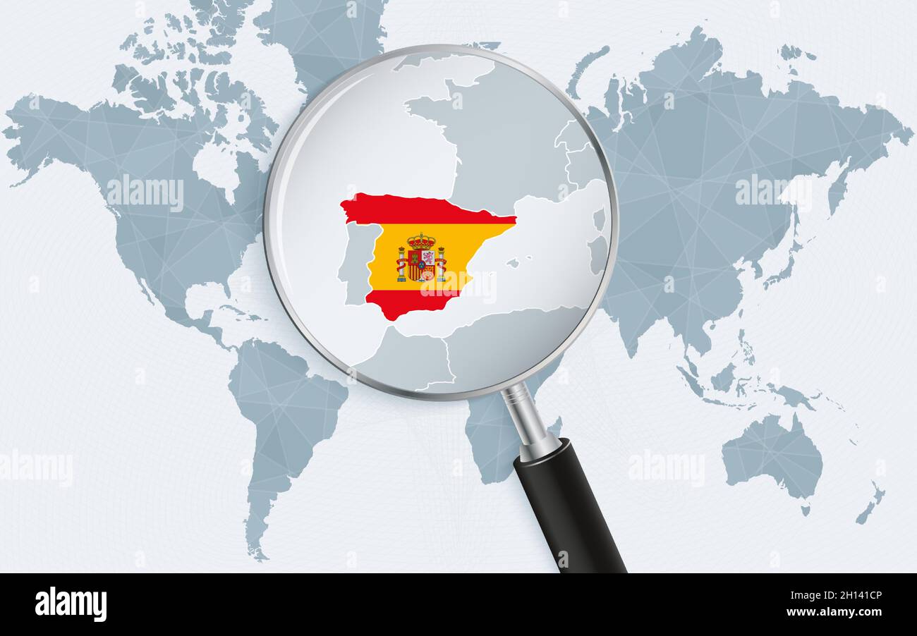 World Map With A Magnifying Glass Pointing At Spain Map Of Spain With World Map With A Magnifying Glass Pointing At Spain Map Of Spain With The Flag In The Loop Vector Illustration 2H141CP 