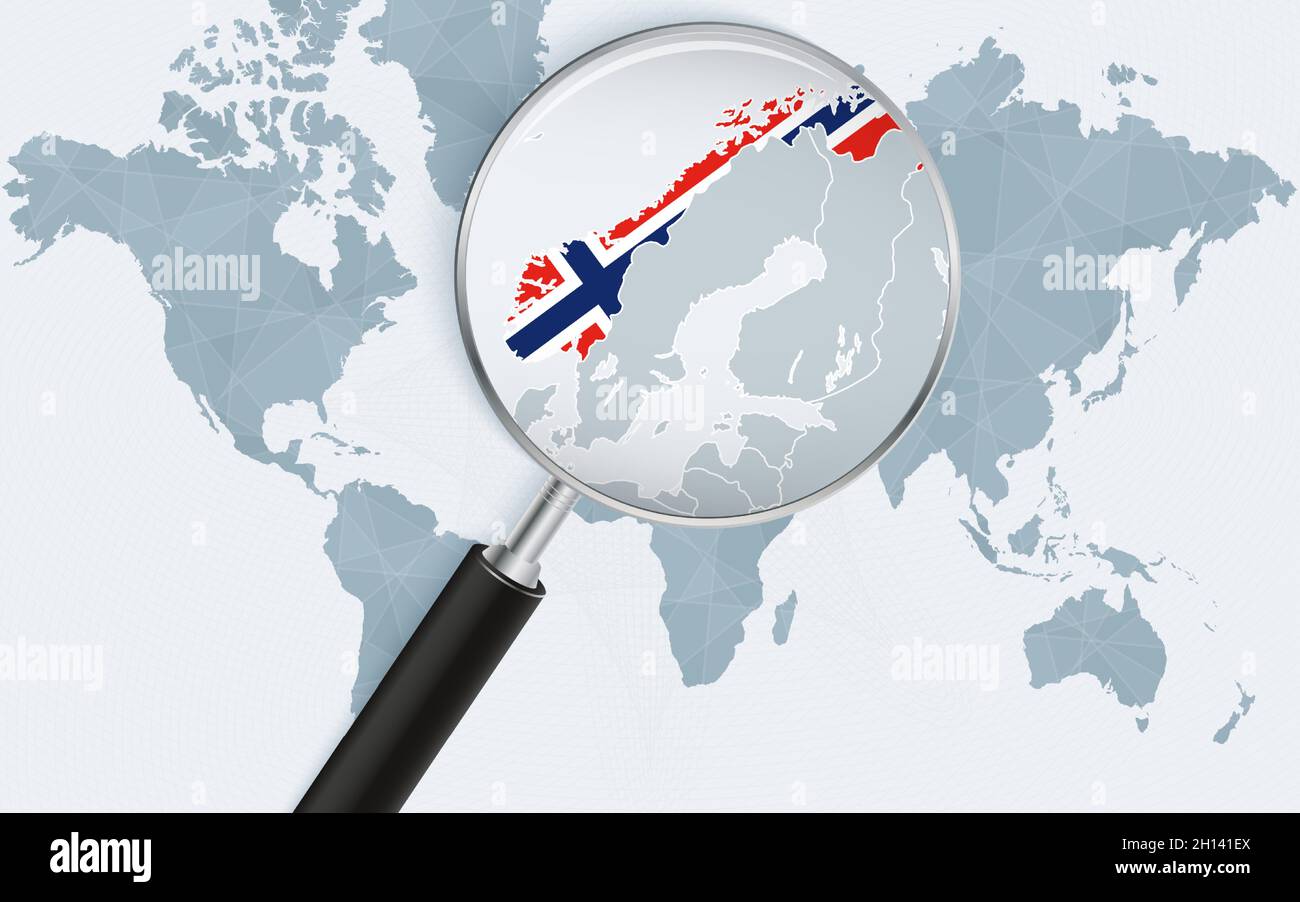 World Map With A Magnifying Glass Pointing At Norway Map Of Norway With The Flag In The Loop Vector Illustration Stock Vector Image Art Alamy