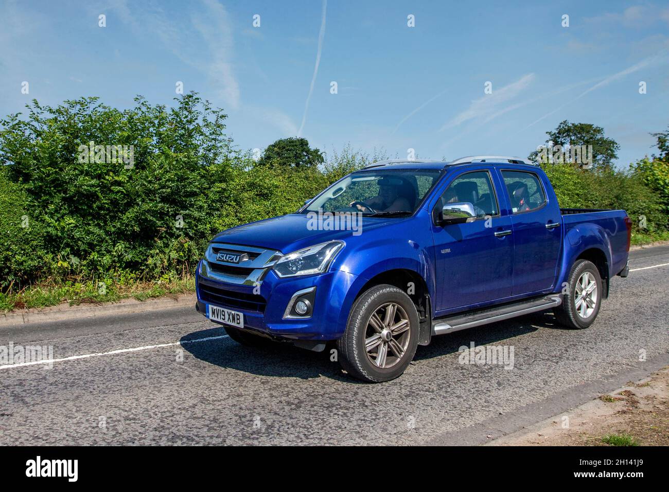 2019 blue Isuzu D-Max Utah V-Cross, limited-edition version  double-cab pickup en-route to Capesthorne Hall classic August car show, Cheshire, UK Stock Photo