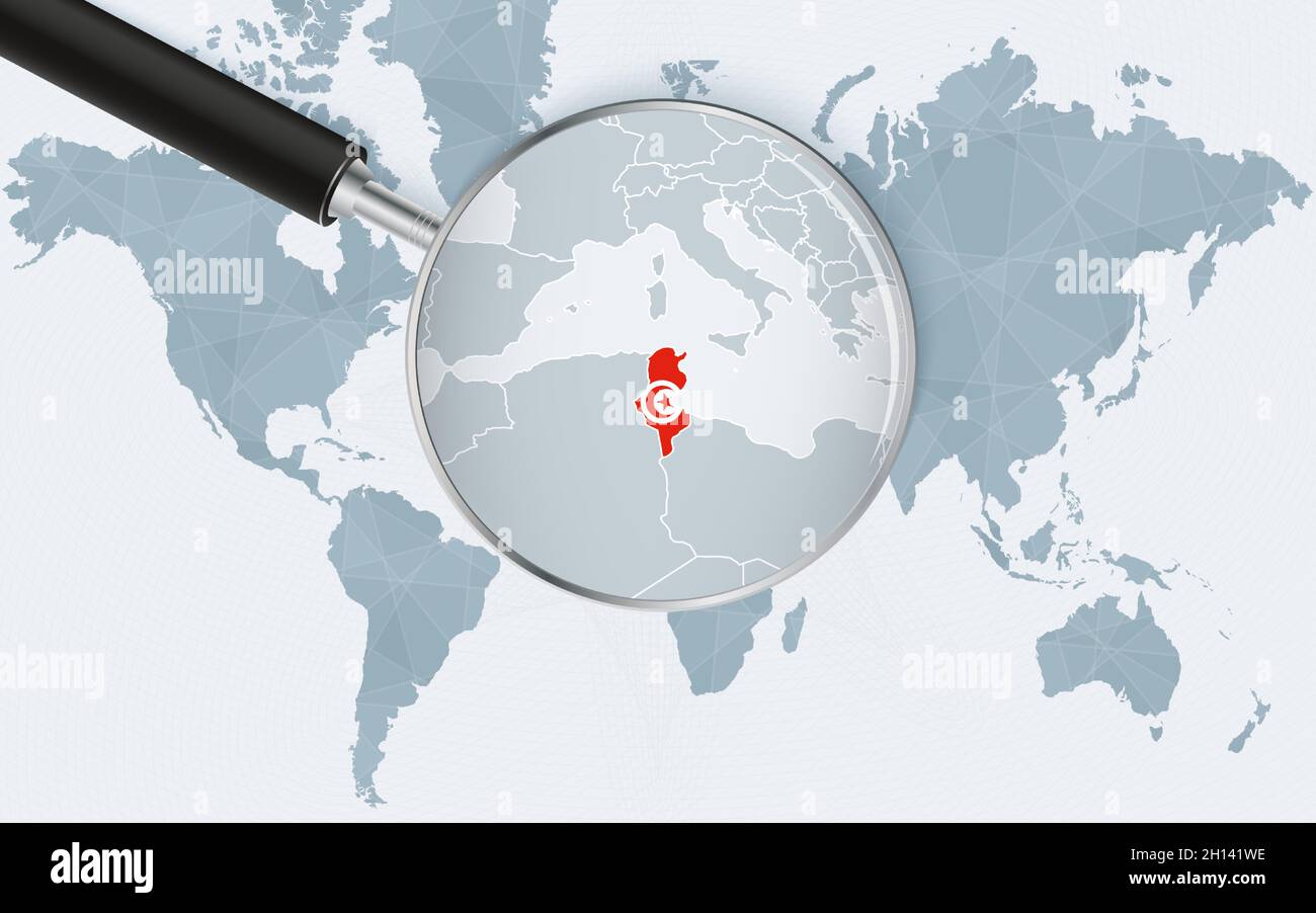 World Map With A Magnifying Glass Pointing At Tunisia Map Of Tunisia World Map With A Magnifying Glass Pointing At Tunisia Map Of Tunisia With The Flag In The Loop Vector Illustration 2H141WE 