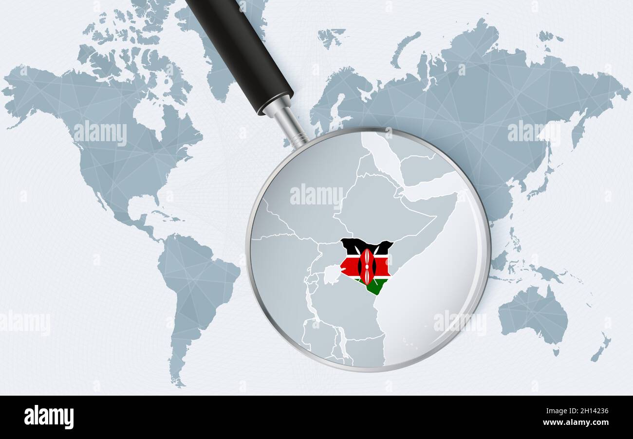World map with a magnifying glass pointing at Kenya. Map of Kenya with the flag in the loop. Vector illustration. Stock Vector