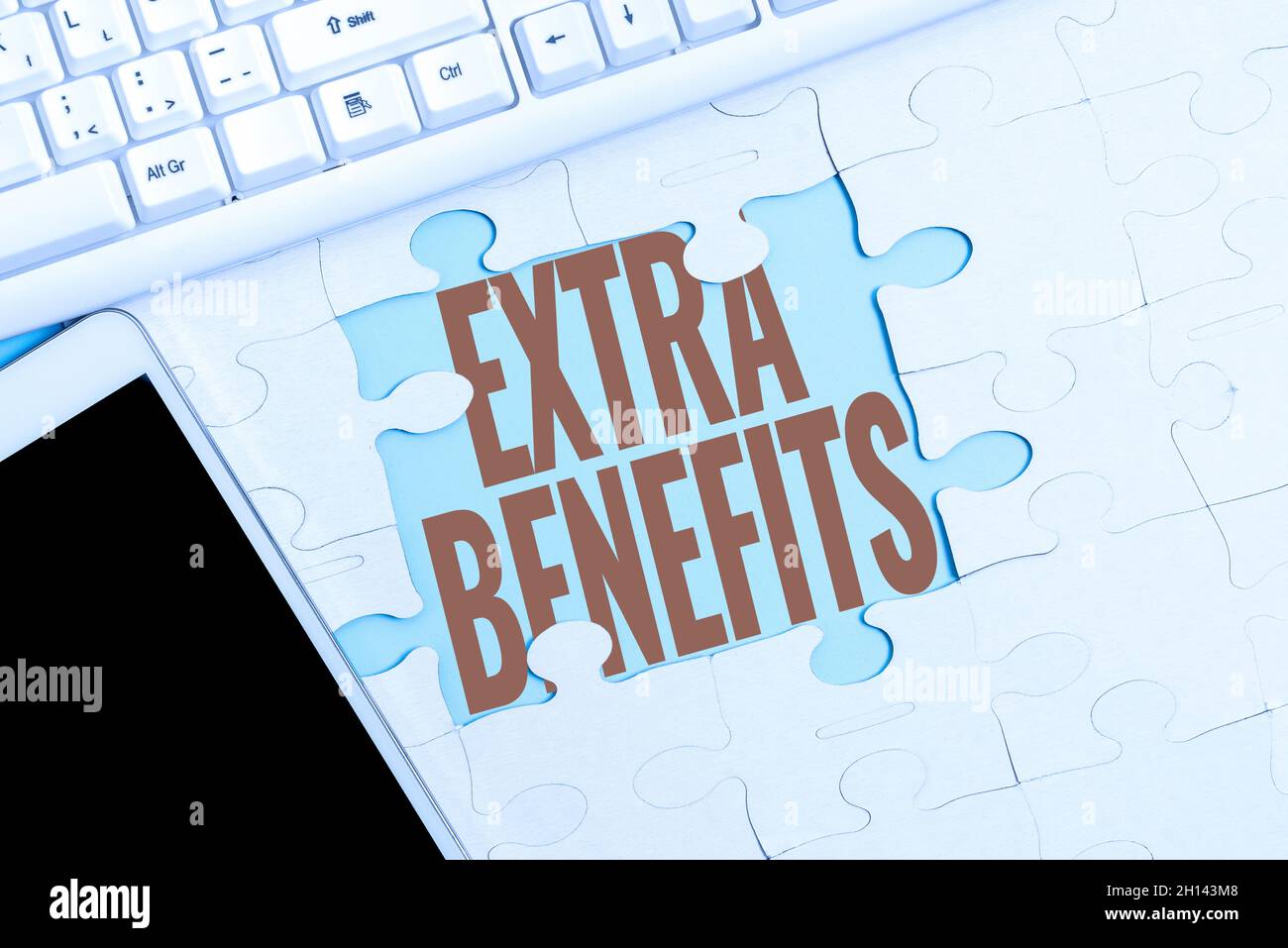 Hand writing sign Extra Benefits. Concept meaning Additional compensation Bonus Subsidies