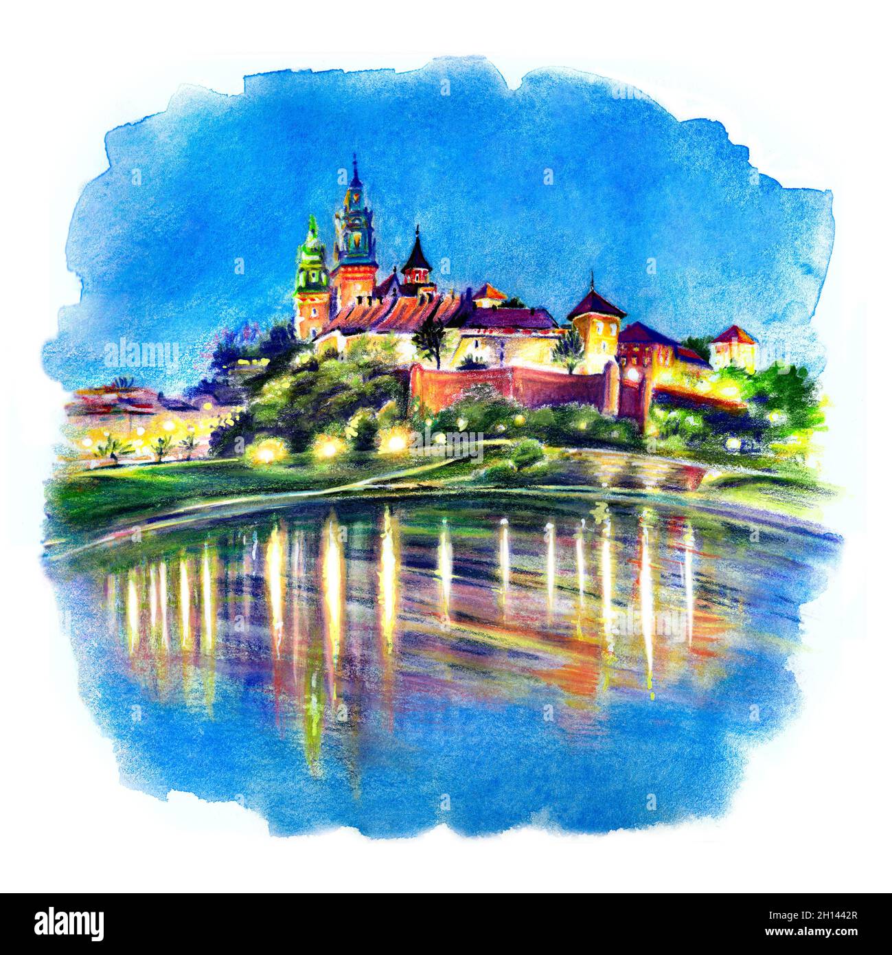 Watercolor sketch of Wawel Castle on Wawel Hill with reflection in the river at night as seen from the Vistula, Krakow, Poland Stock Photo