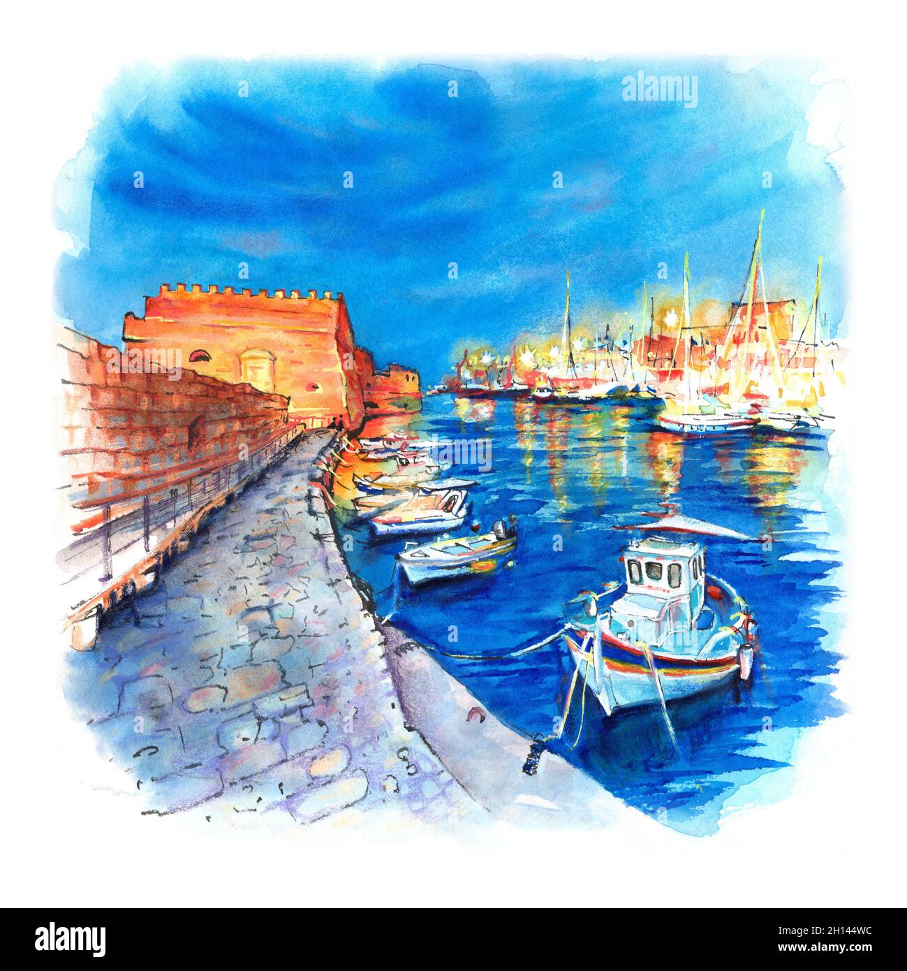 Watercolor sketch of Old harbour of Heraklion with Venetian Koules Fortress, boats and marina during blue hour, Crete, Greece. Stock Photo