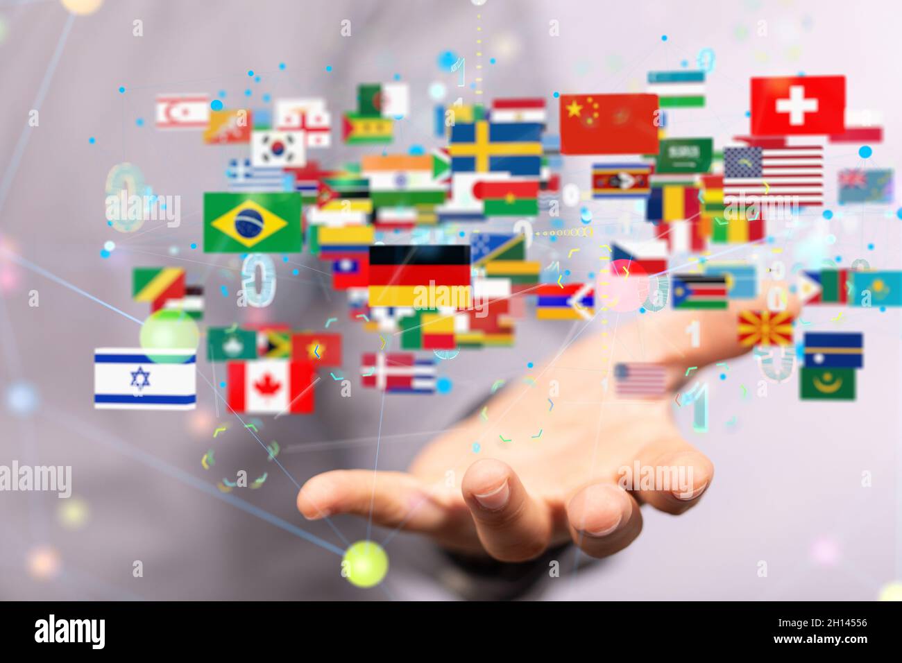 Illustration of international counties flags in hands of a human Stock Photo