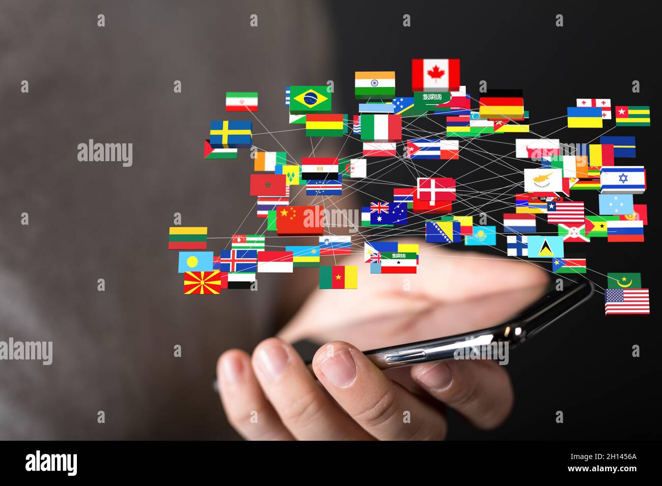 Illustration of international counties flags in hands of a human Stock Photo