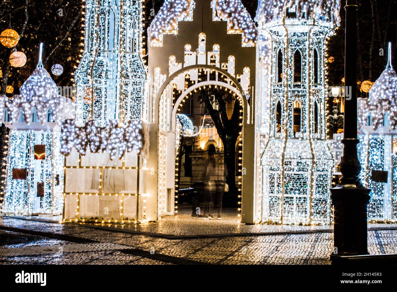 Christmas Castle with lights in Viseu City Stock Photo
