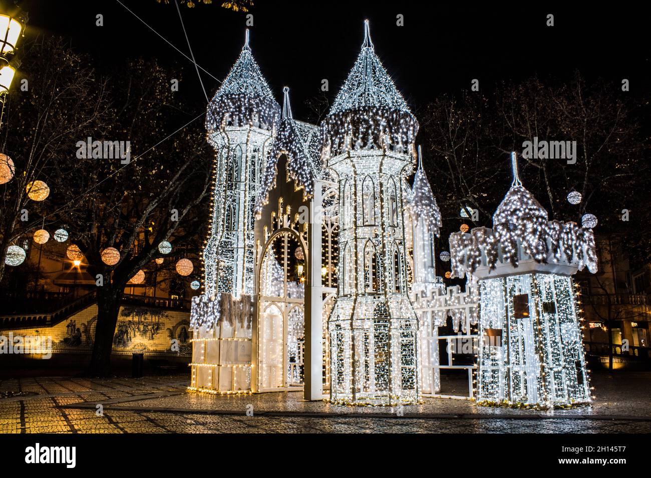 Christmas Castle with lights in Viseu City Stock Photo
