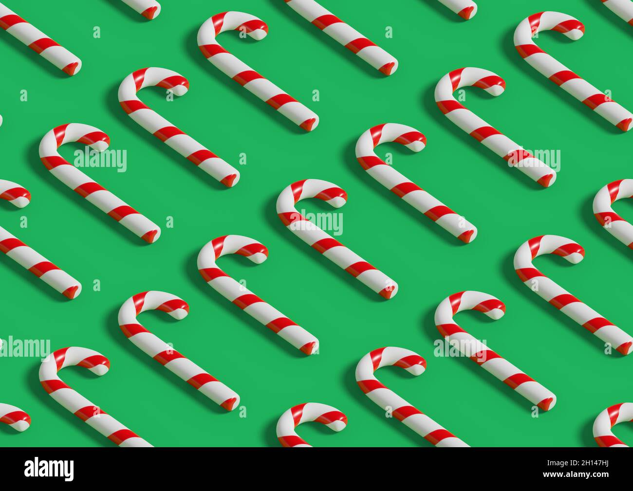 Christmas background. Isometric seamless pattern of candy canes on green background. 3d illustration. Stock Photo