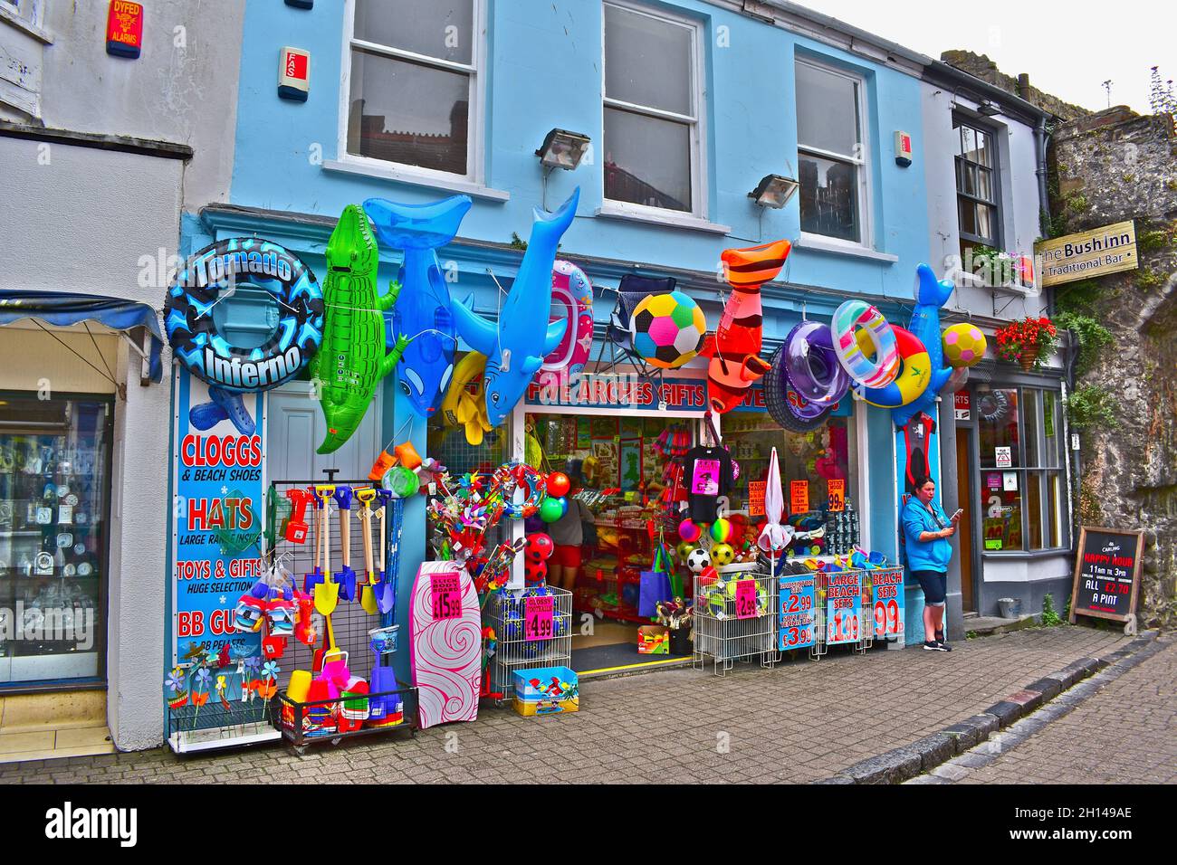 A colourful display of goods at a traditional seaside gift shop in