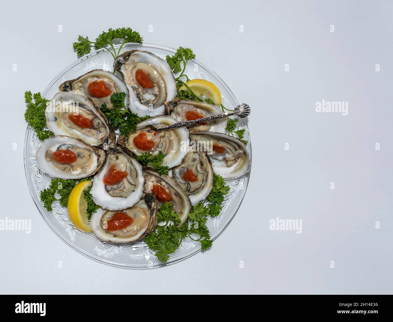 Oysters on the half-shell served with colorful garnishes on a white background. Stock Photo