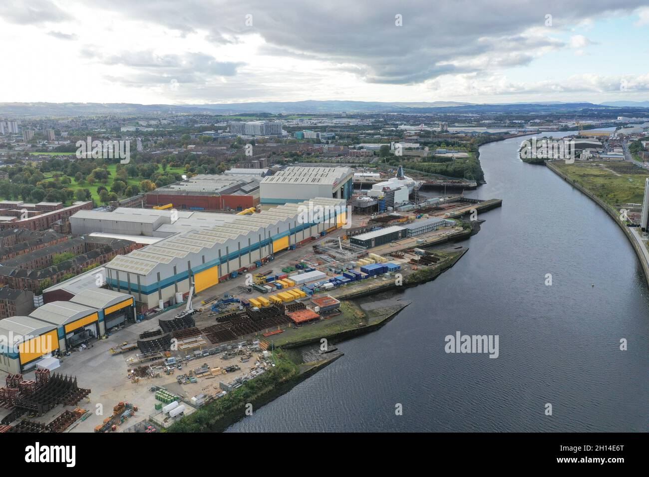 Aerial drone view of BAE Systems shipyard on River Clyde Stock Photo