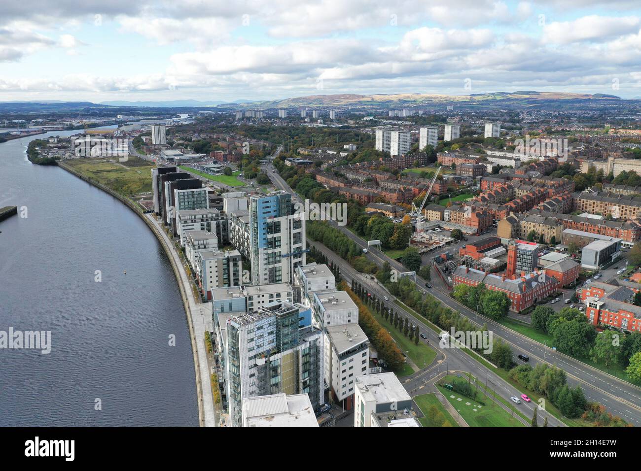 Aerial drone view of Meadowside Quay Walk apartments at Glasgow Harbour Stock Photo