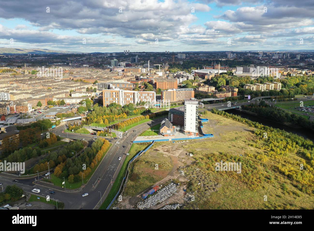 Aerial drone view of Scotstoun Glasgow showing new student blocks Stock Photo Alamy