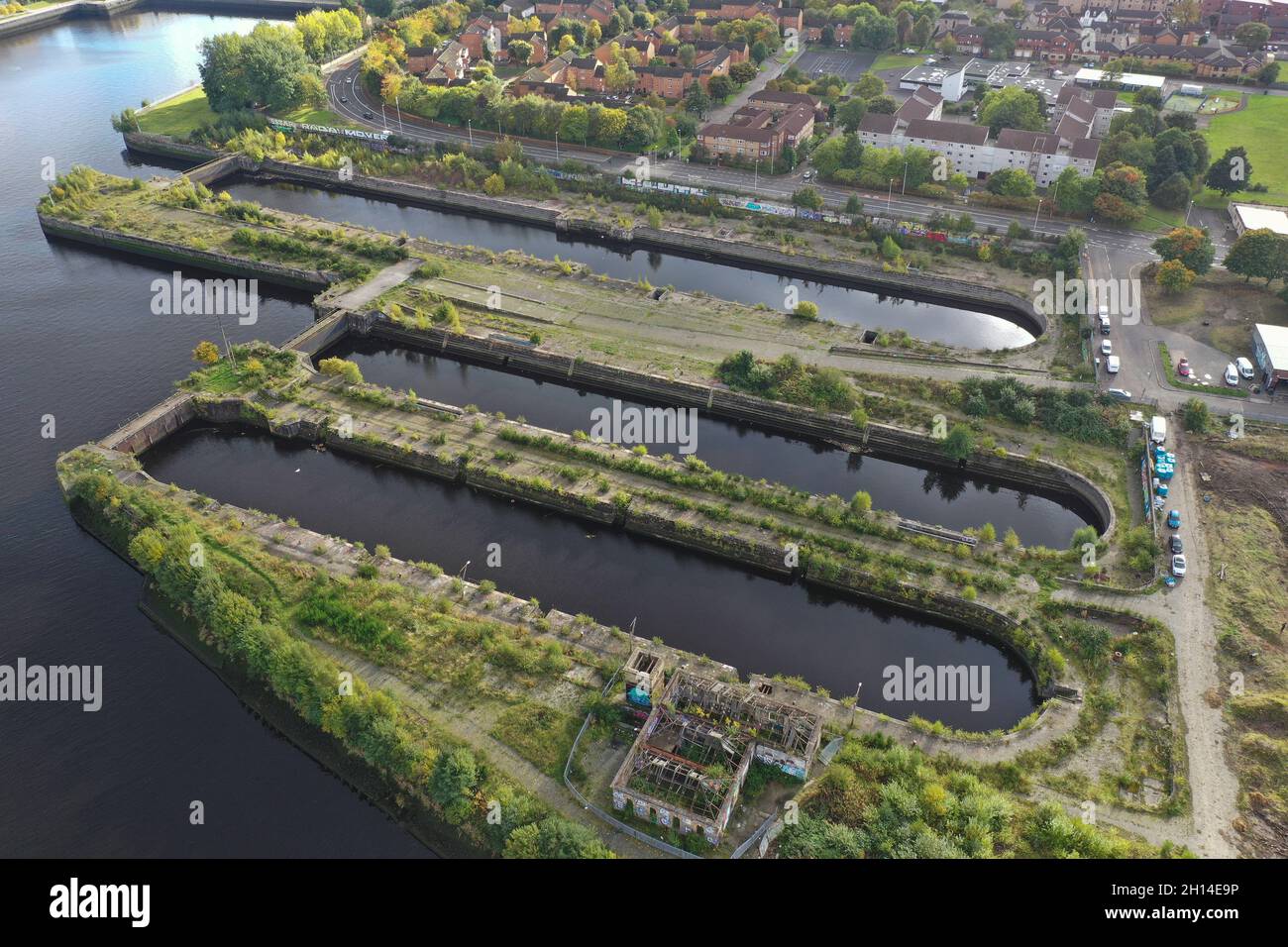 Aerial drone view of former Govan Dry Docks on River Clyde Stock Photo