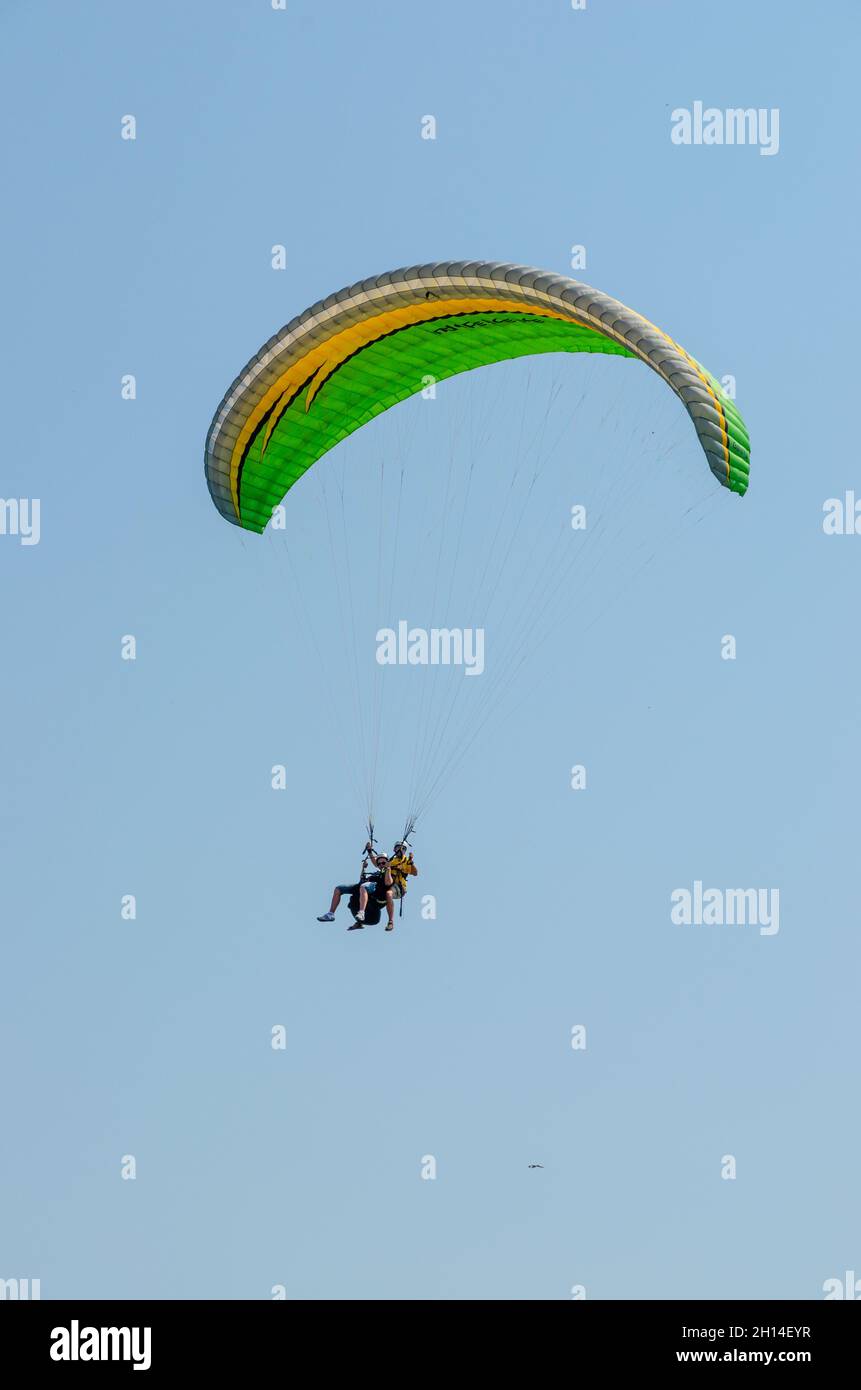 Tandem green and yellow-colored parachute against clear blue sky. Stock Photo
