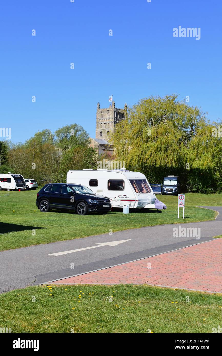 Modern motorhomes and caravans on the Tewkesbury Abbey Caravan and