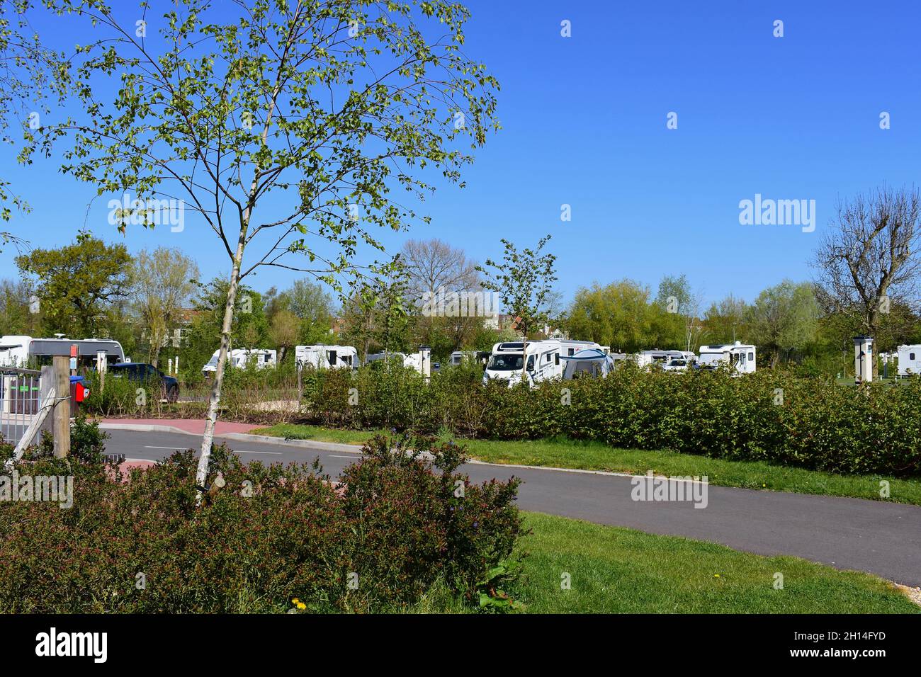 Modern motorhomes and caravans on the Tewkesbury Abbey Caravan and