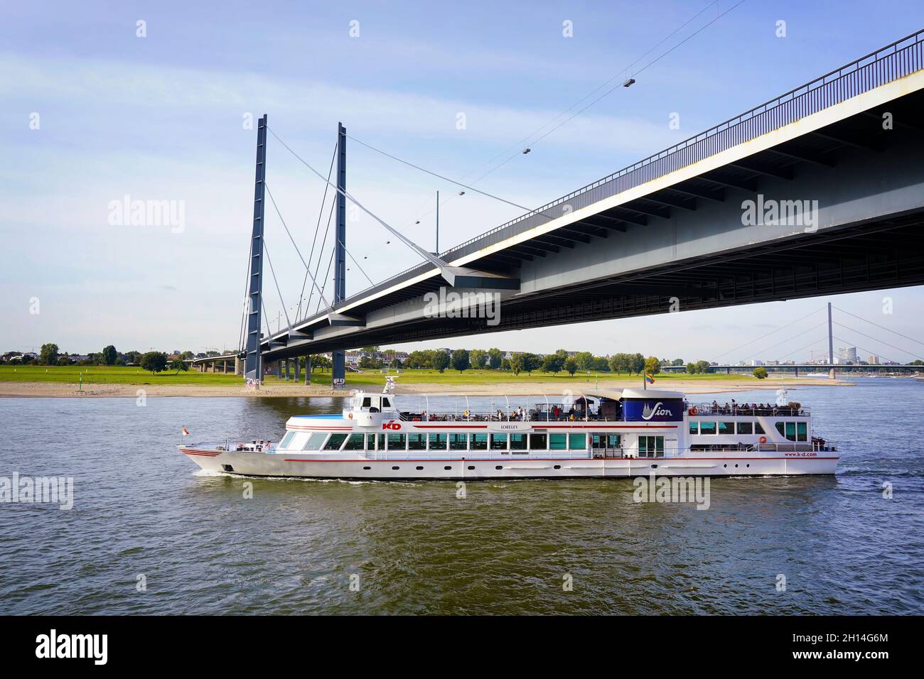 Cruise/excursion ship at Rhine river in Düsseldorf, Germany. Stock Photo