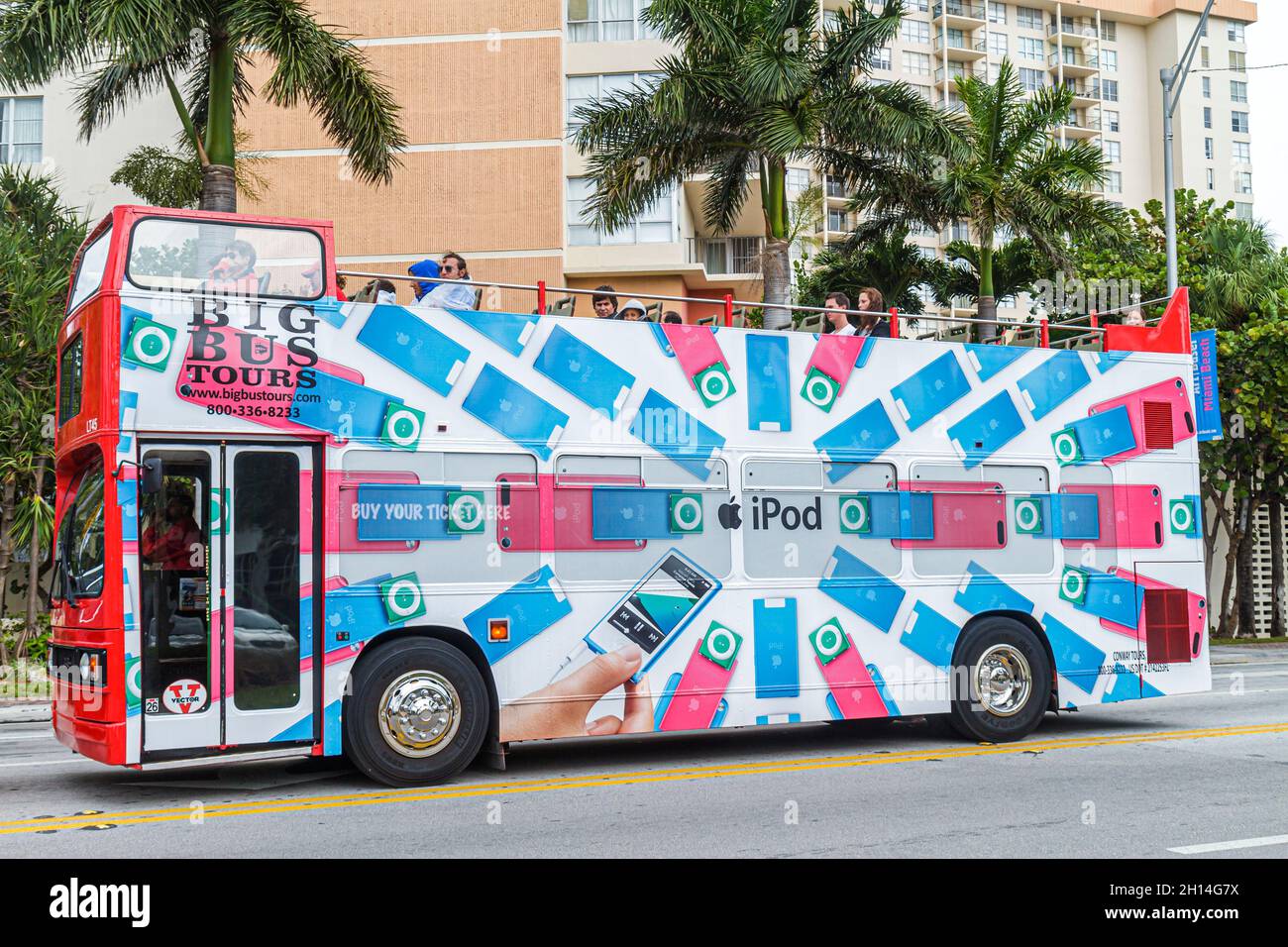 Miami Beach Florida,41st Street,Arthur Godfrey Boulevard,Big Bus Tours double decker iPod advertising ad Stock Photo