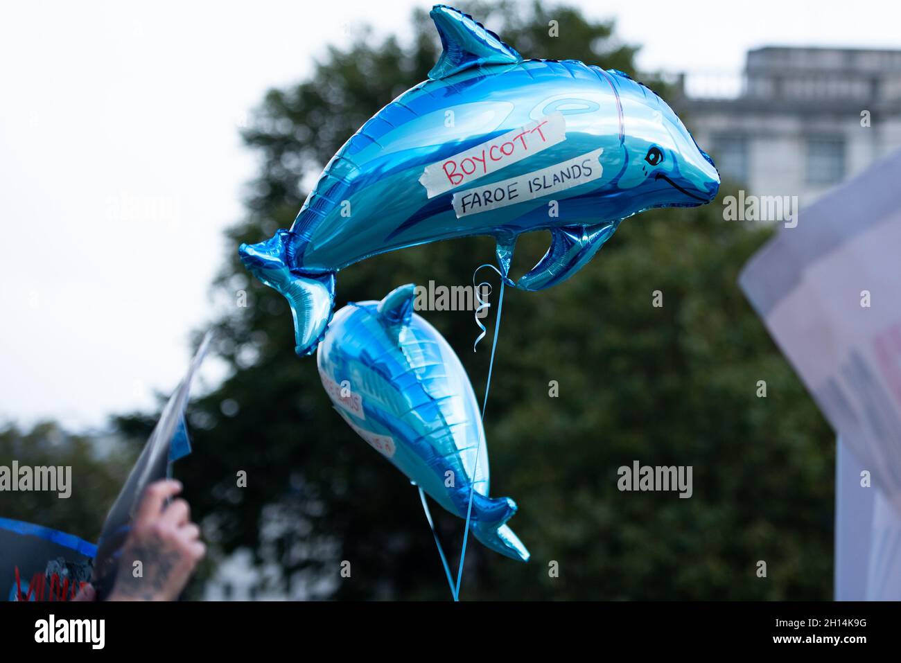 London, UK. 16th Oct, 2021. Activists hold dolphin balloons voicing their opinions during the Stop the Whale and Dolphin Slaughter Protest.Born Free's Policy Advisor Dominic Dyer calls for sanctions NOW to end the shameful Faroe Islands slaughter of whales and dolphins. The brutal slaughter of more than 1,400 white-sided dolphins in the Faroe Islands has triggered huge anger and revulsion around the world, and once again brought global attention to the long and bloody history of whale and dolphin-killing in this beautiful but isolated archipelago 200 miles north-west of Scotland. Credit: SOPA  Stock Photo