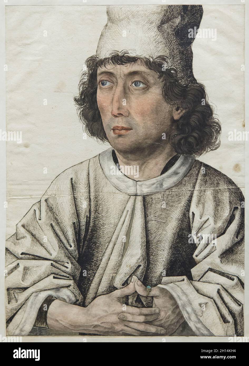 Drawing 'Portrait of a Young Man' attributed to German medieval painter known as the Master of the Mornauer Portrait (1470-1480) on display at the exhibition 'Late Gothic' in the Berliner Gemäldegalerie (Berlin Picture Gallery) in Berlin, Germany. Stock Photo