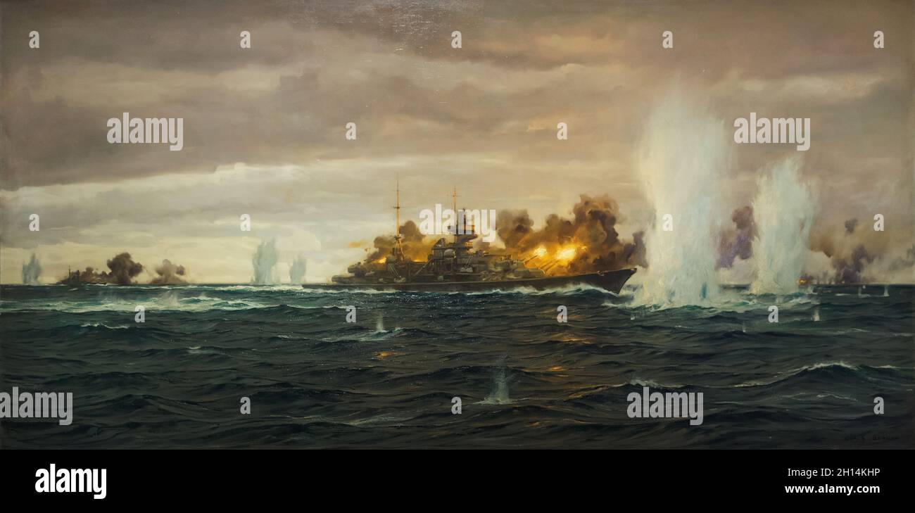 Painting 'Heavy Cruiser Prinz Eugen in the Battle of the Denmark Strait' by German painter Claus Bergen (1944) on display at the exhibition 'Divinely Gifted' in the Gеrmаn Нistоrical Мusеum (Dеutschеs Нistоrischеs Мusеum) in Веrlin, Gеrmany. The painting shows the German Cruiser Prinz Eugen on 24 May 1941 when it sank the British Battlecruiser HMS Hood in the Denmark Strait. The exhibition entitled 'Divinely Gifted' and devoted to National Socialism's favoured artists in the Federal Republic of Germany runs till 5 December 2021. Stock Photo