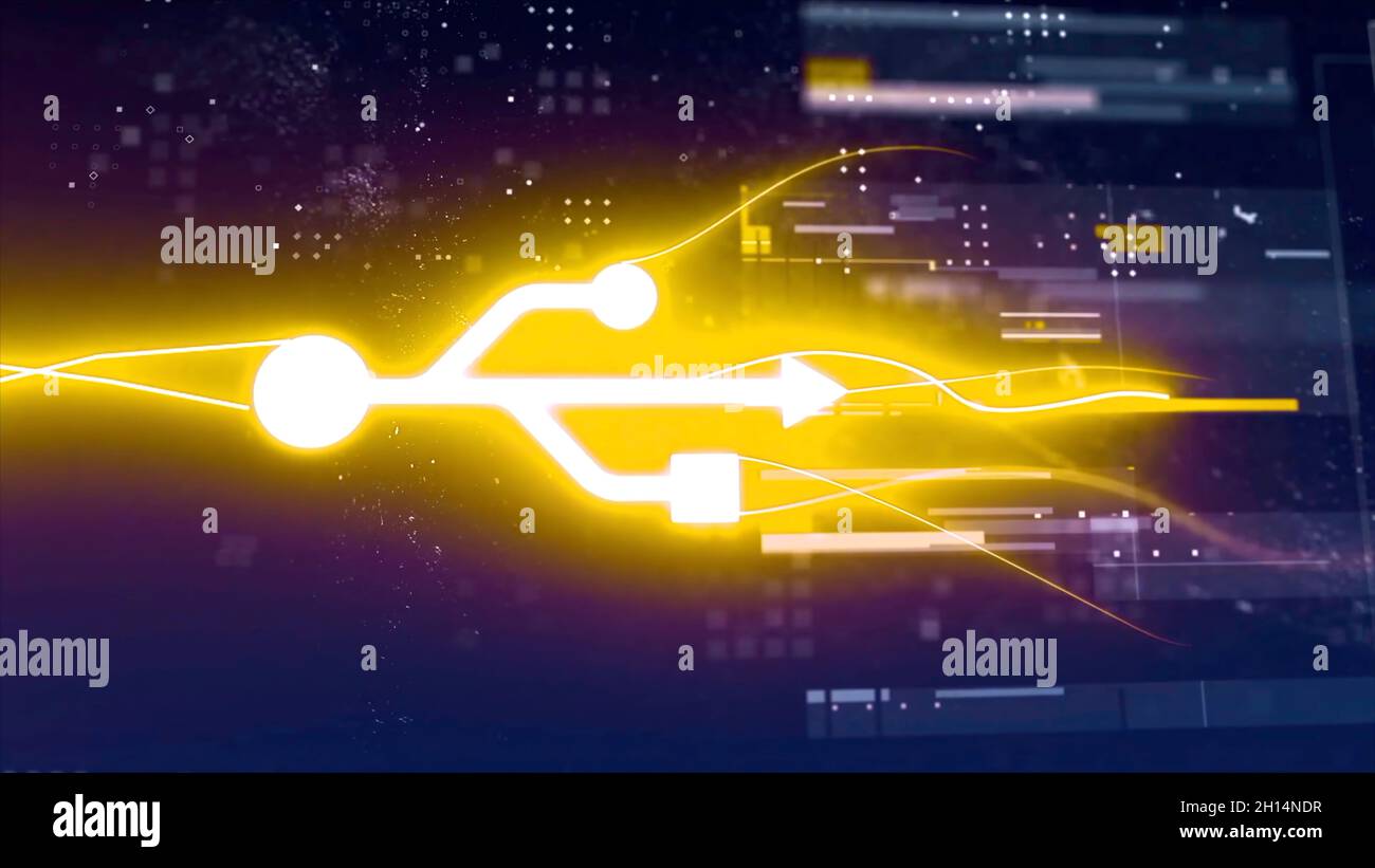 Abstract animation of golden usb flash drive with virus inserting in ...