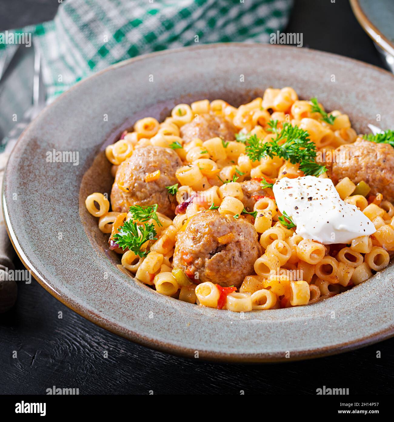 Italian traditional ditalini pasta with meatballs in tomato sauce and ...