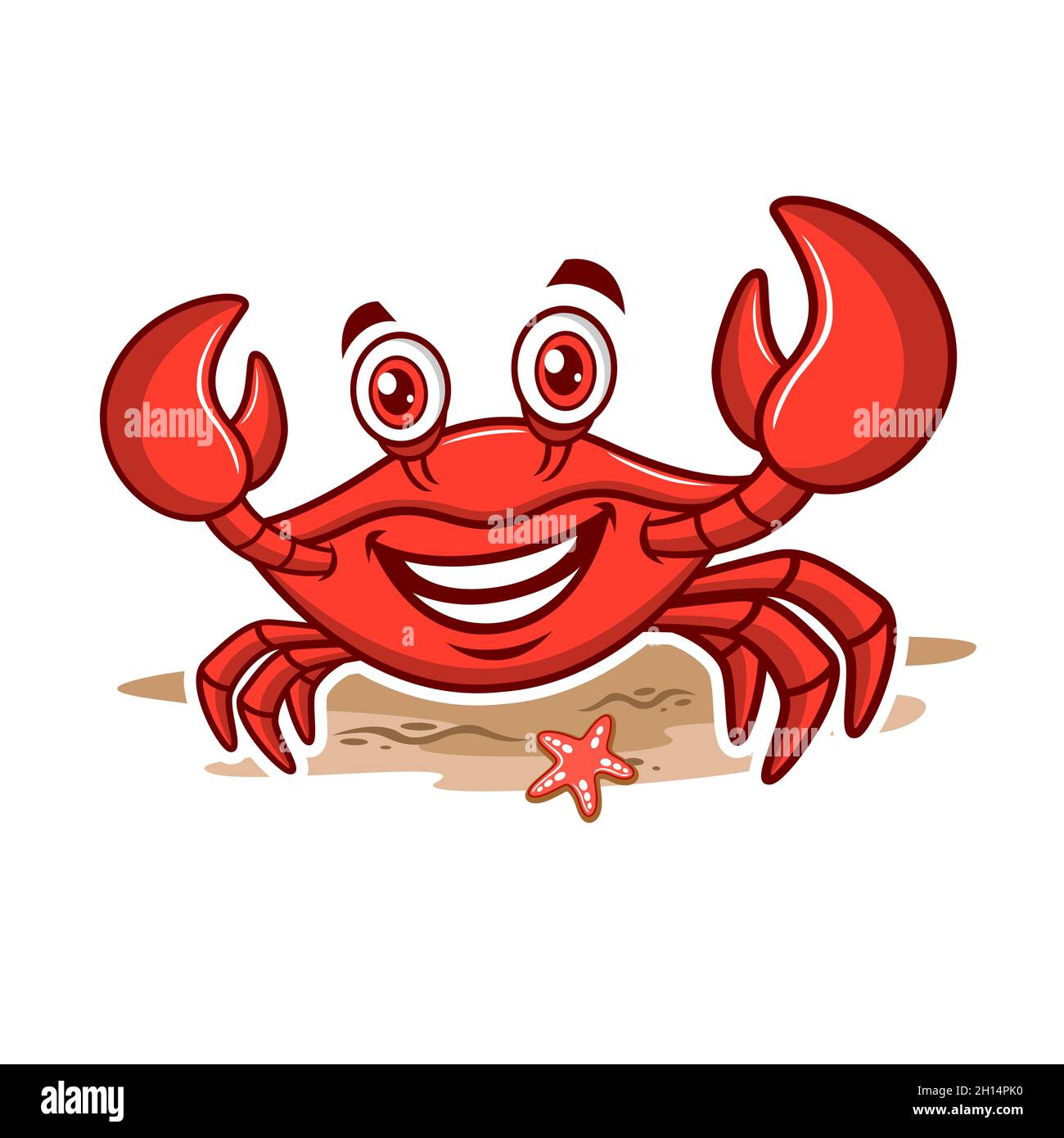 Cartoon mascot red crab on the beach. Vector illustration Stock Vector
