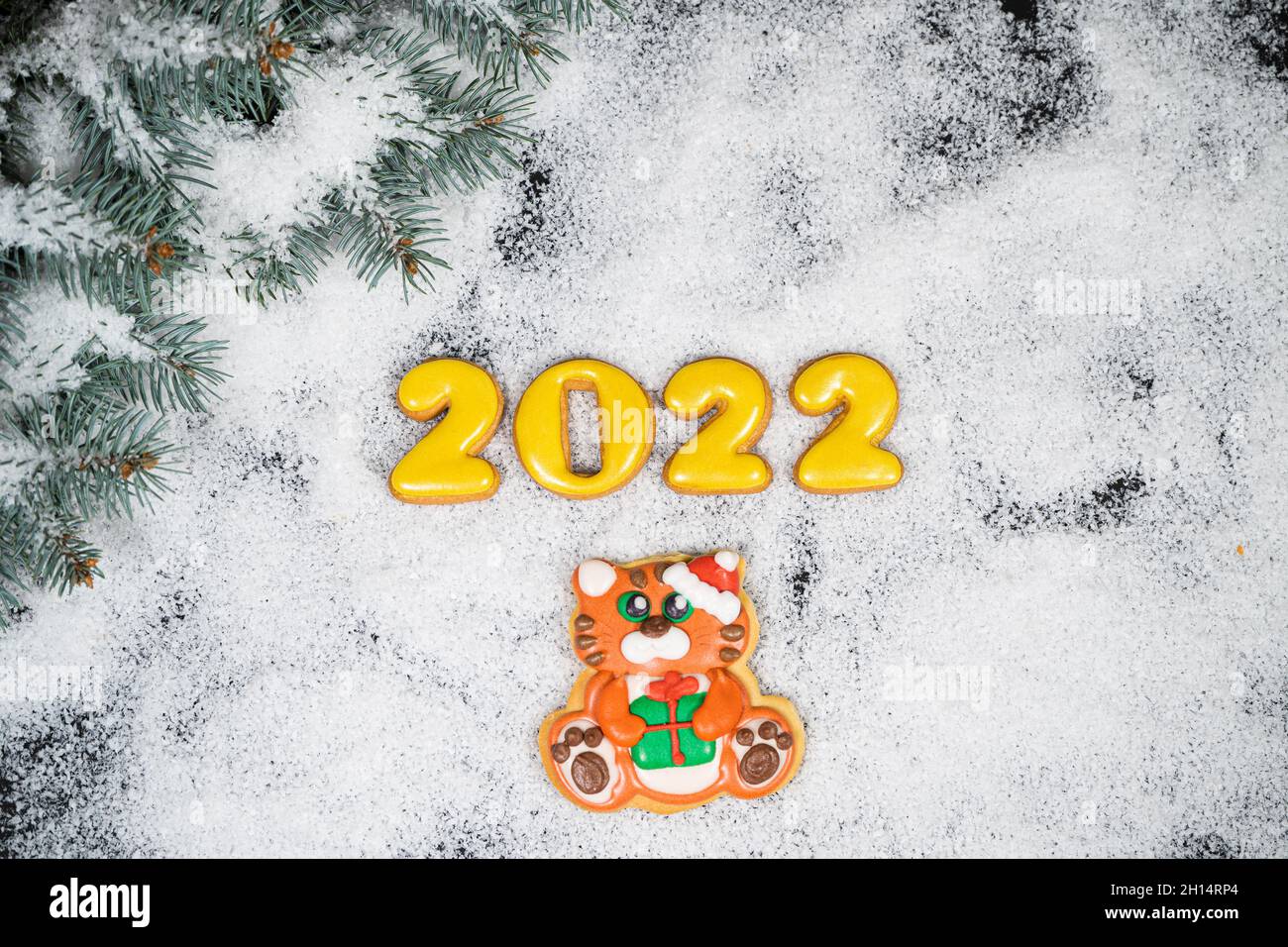 2022 Christmas Cards Backgrounds Emoticons Steam Christmas Winter Background With Gingerbread 2022 On Snow. Holiday Mood Card.  Top View, Copy Space Stock Photo - Alamy