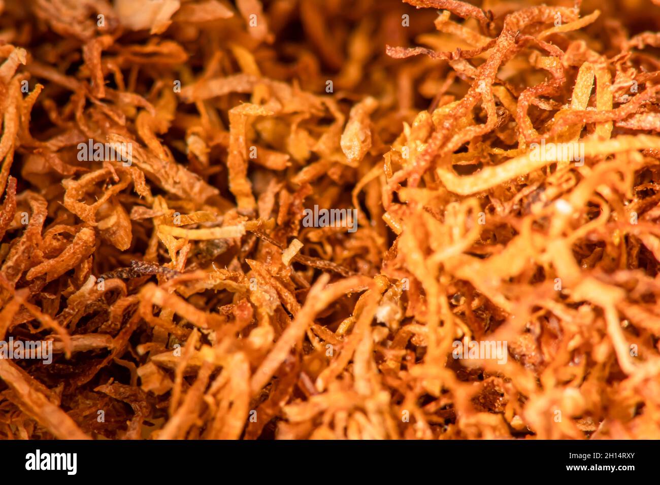 Macro tobacco, warmly lit close-up of fine-cut aromatic burley and java tobacco Stock Photo