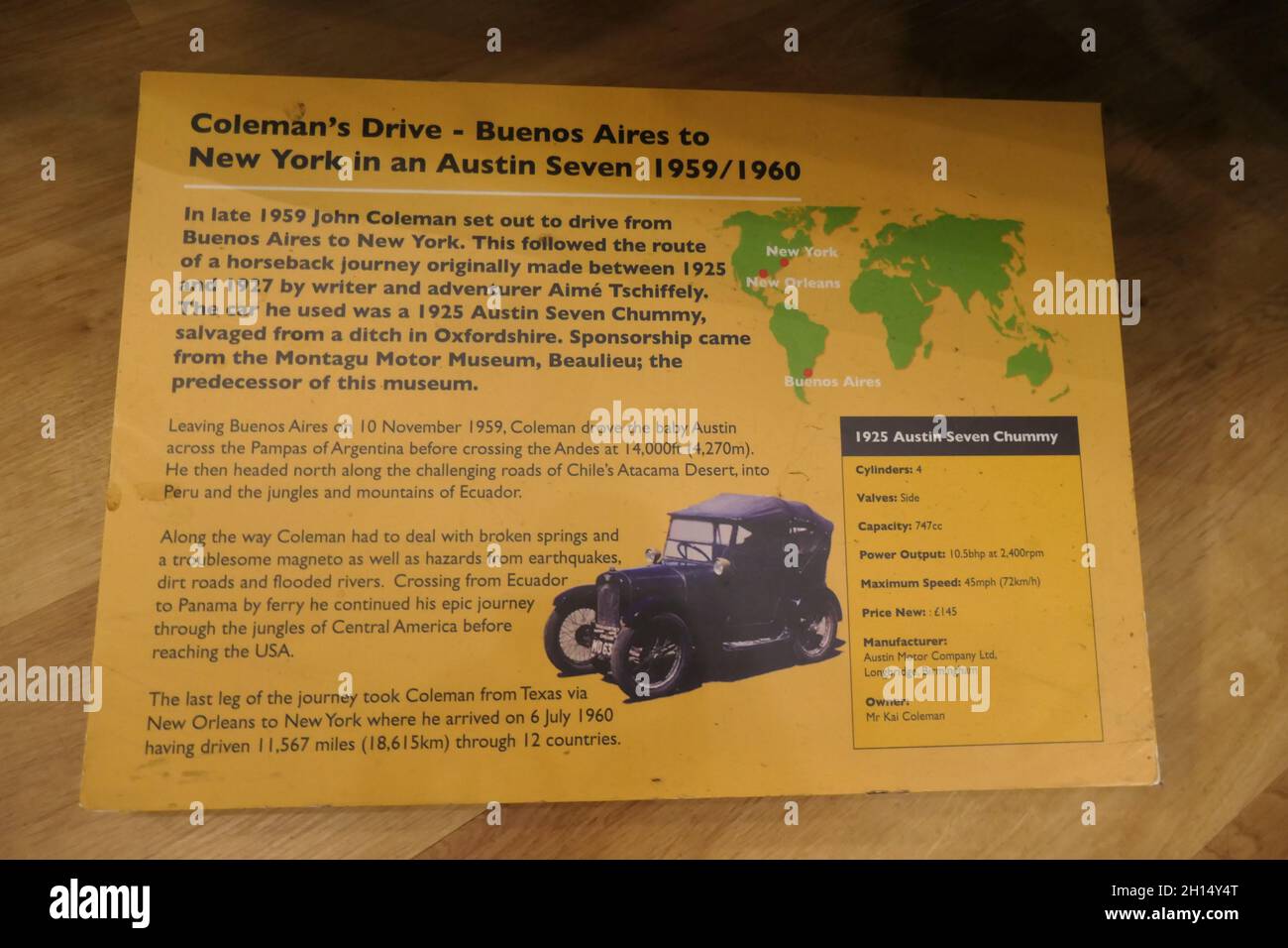 Austin Seven driven to New York from Buenos Aires at British motor museum Gaydon Stock Photo