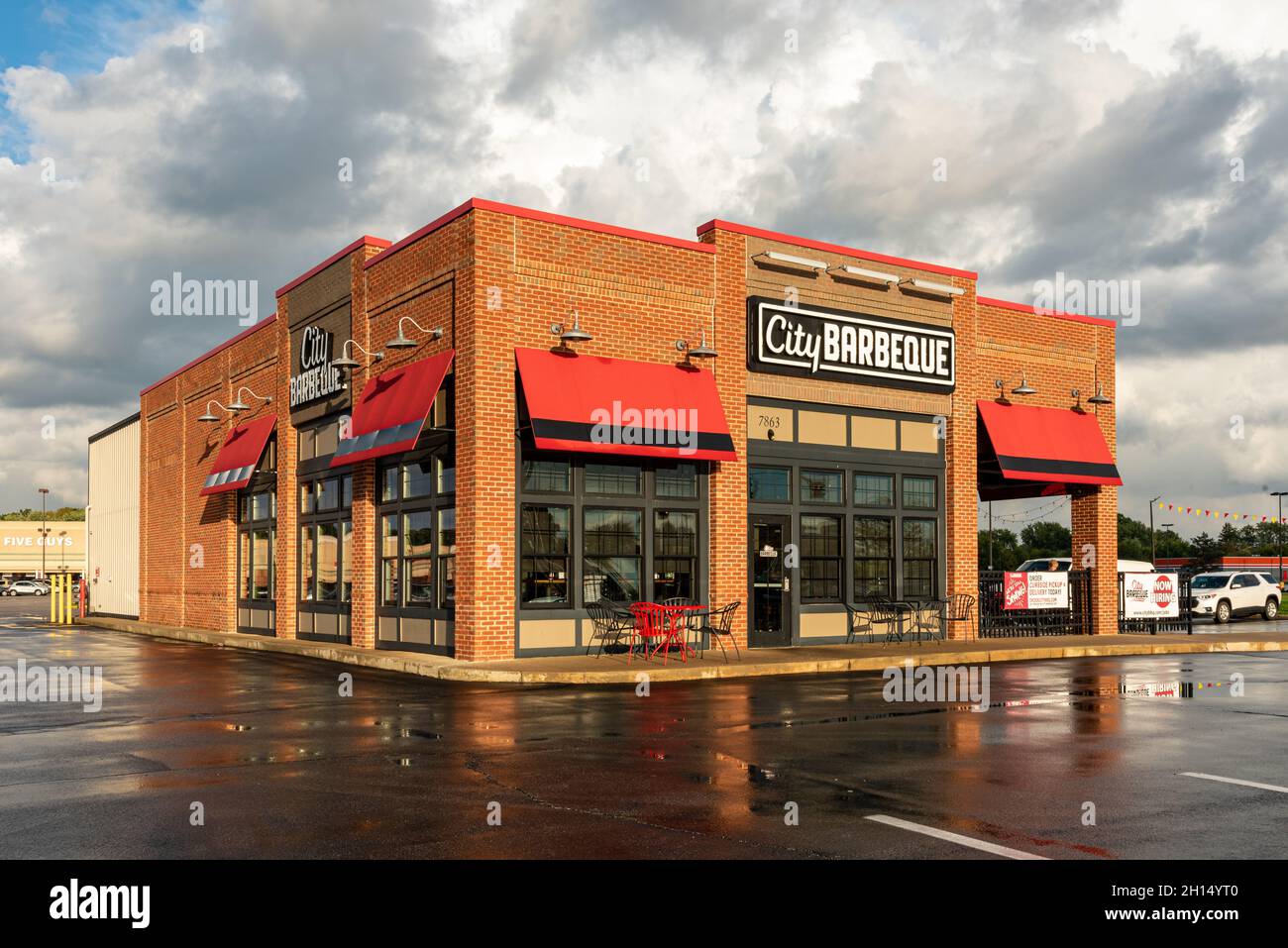 City Barbecue, a chain restaurant, located in a strip mall in Indianapolis, Indiana. Stock Photo