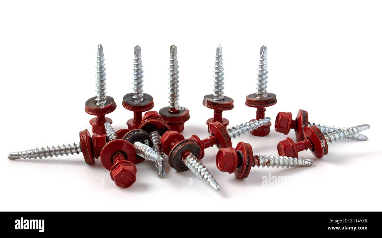 Metal Roofing Screws. Self-tapping screws on metal isolated on white background. Stock Photo