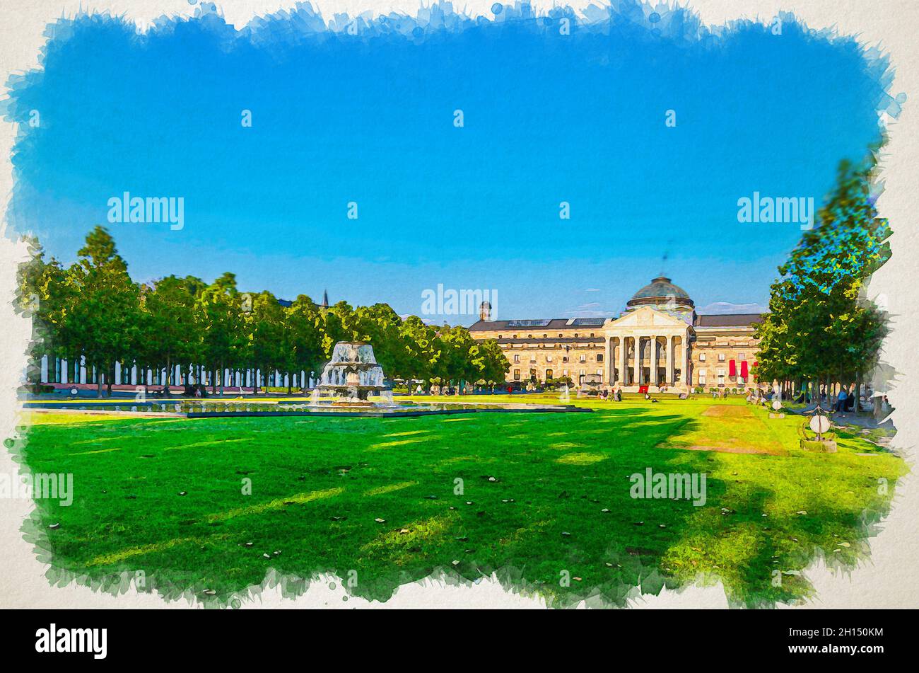 Watercolor drawing of Wiesbaden Kurhaus or cure house spa and casino building and Bowling Green park with grass lawn, trees alley and pond with founta Stock Photo