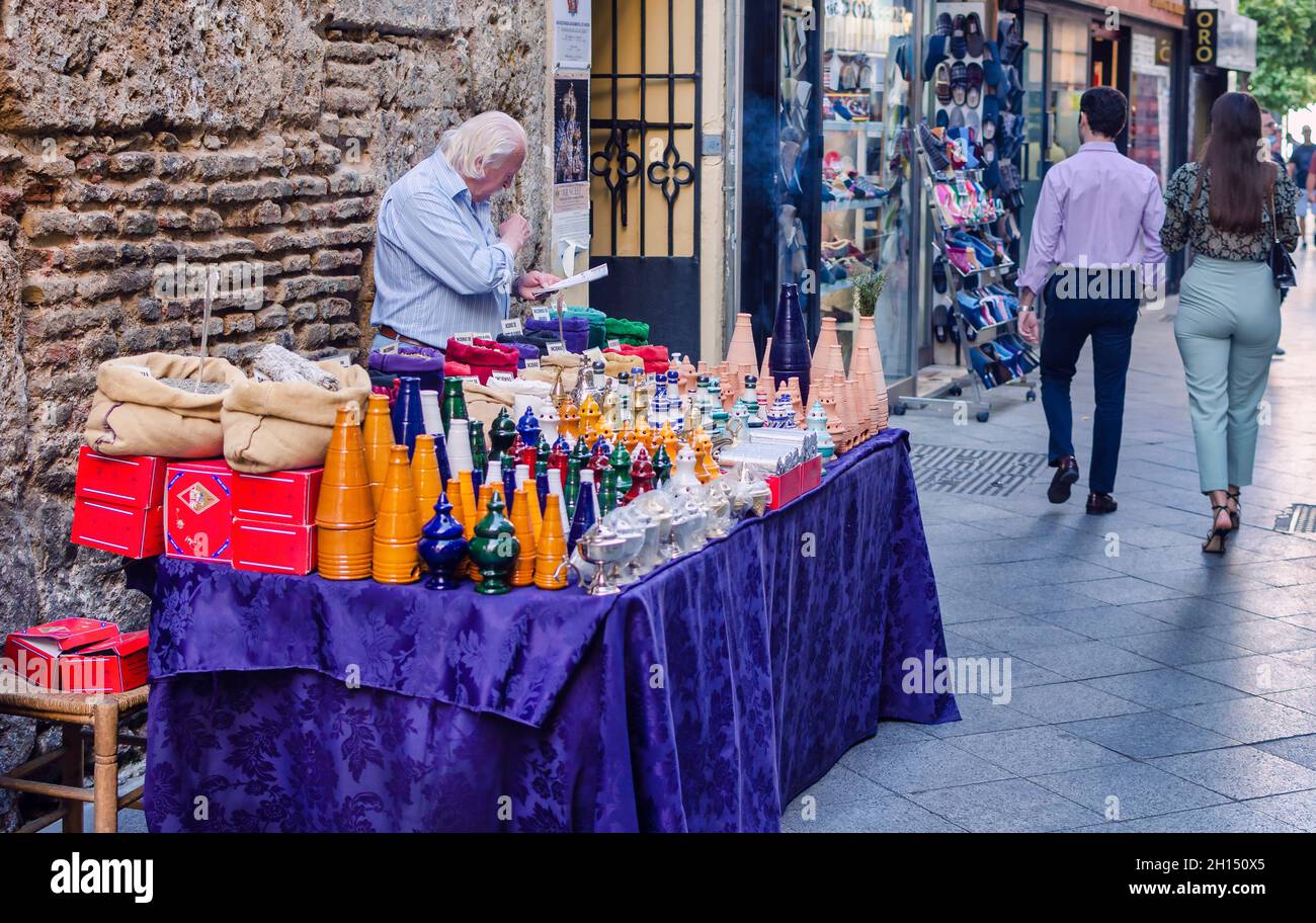 Seville, Spain; October 16, 2021: Street seller. Incense shop. Holy week. Stock Photo