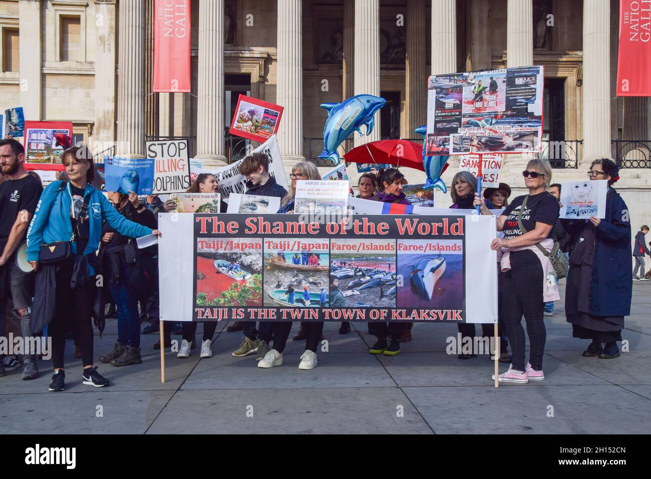 London, UK. 16th October 2021. Protesters in Trafalgar Square. Sea Shepherd and other activists marched through Westminster, calling for an end to the slaughter of dolphins in Faroe Islands and Taiji, Japan. Credit: Vuk Valcic / Alamy Live News Stock Photo