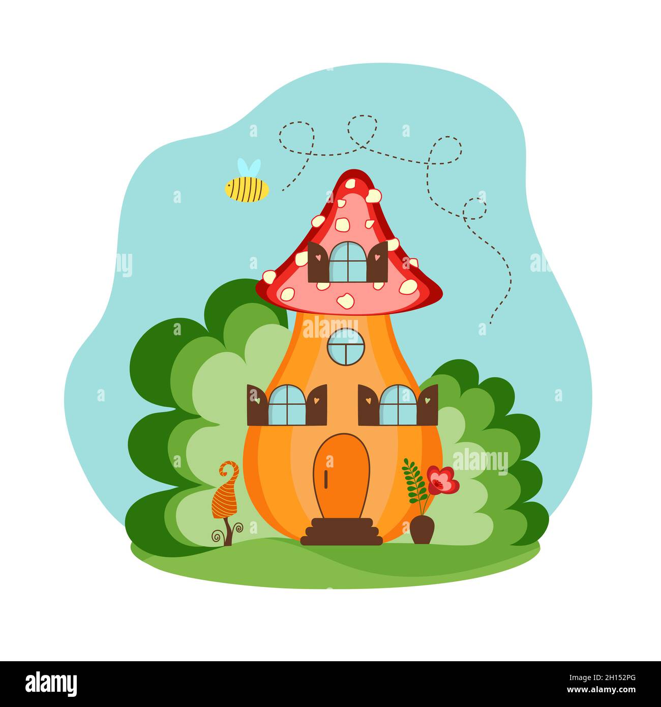 A pumpkin house with a roof from a mushroom cap. House of the gnomes. Nice fabulous flat illustration. Stock Vector