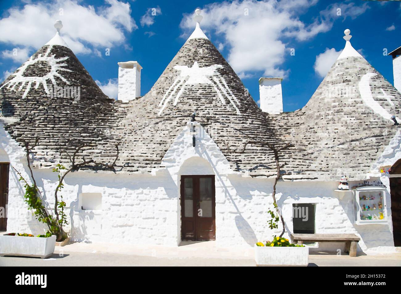 Watercolor drawing of Alberobello town, village with traditional white  Trulli houses in Puglia Apulia region, Southern Italy Stock Photo - Alamy