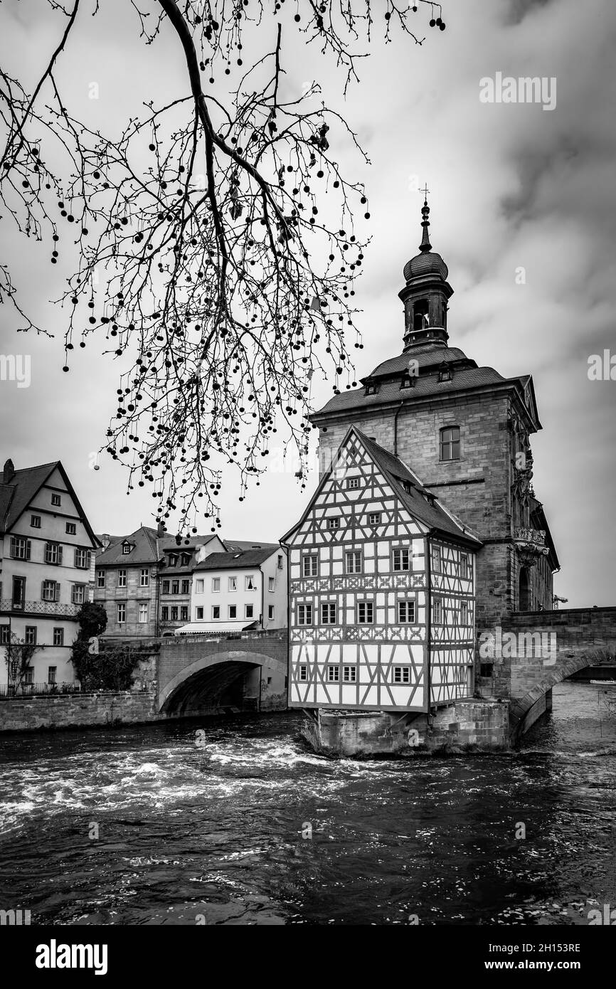 Landscape with city hall on the bridge in Bamberg, Germany. Black and white photography Stock Photo