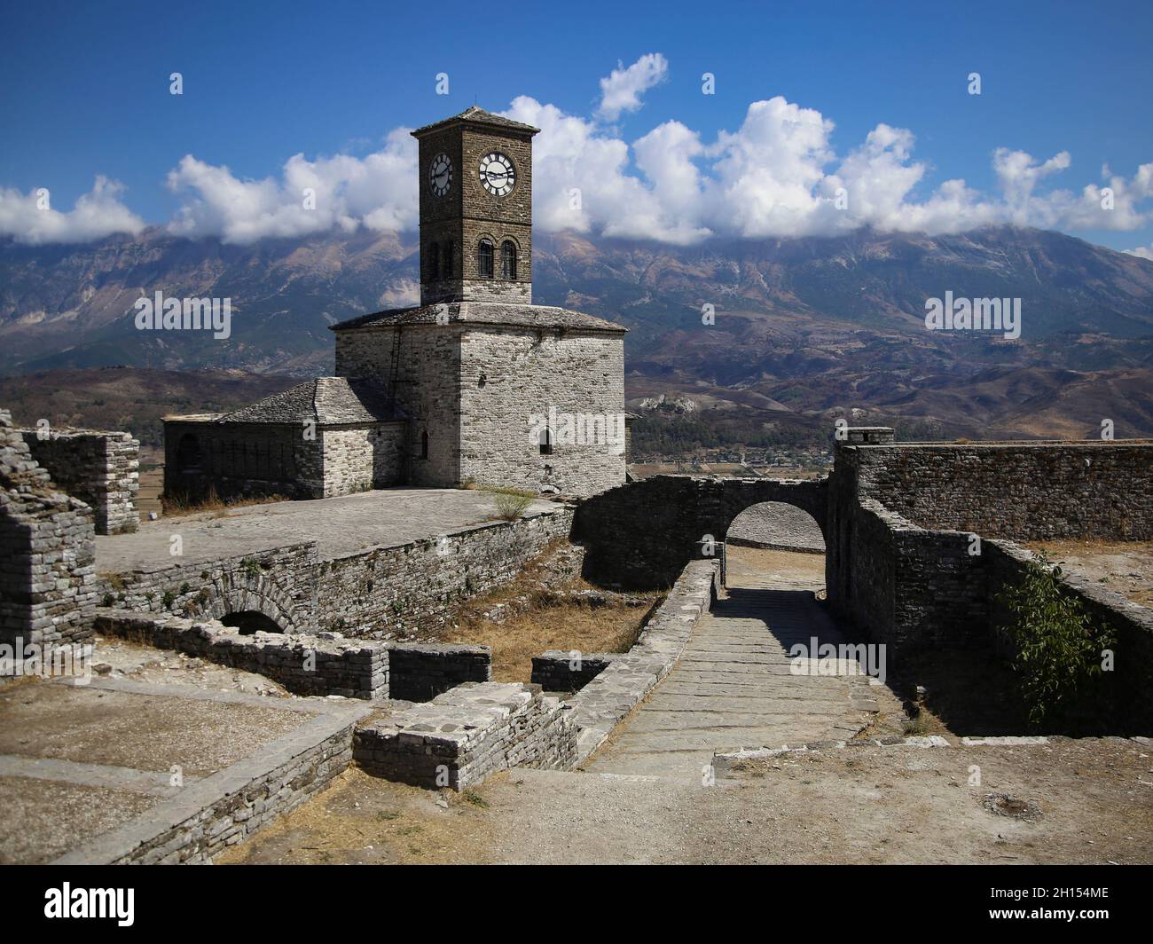 Clock tower in Gjirokaster castle, Albania. Stock Photo