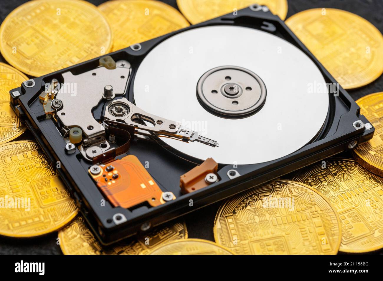 Chia mining. Gold coins and hard drive Stock Photo - Alamy