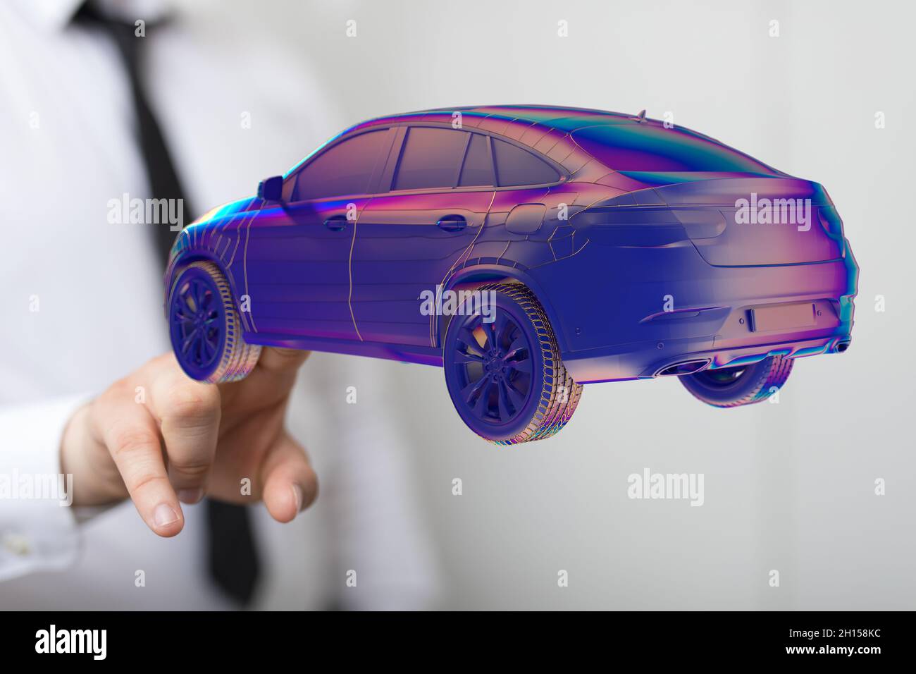 3D rendering of an electric car for autonomous driving and human hand ...
