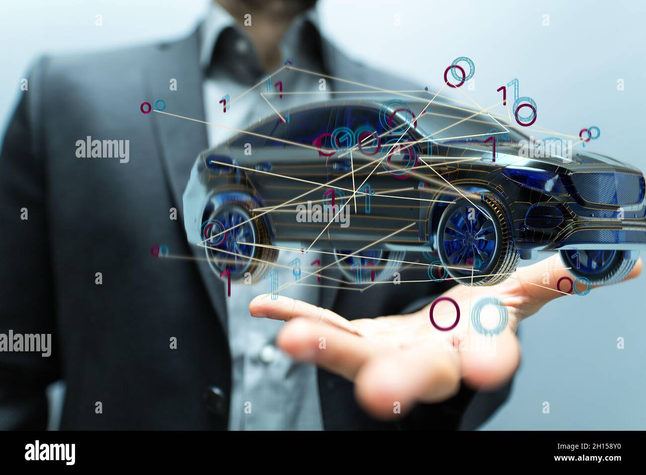 3D rendering of an electric car for autonomous driving and human hand ...